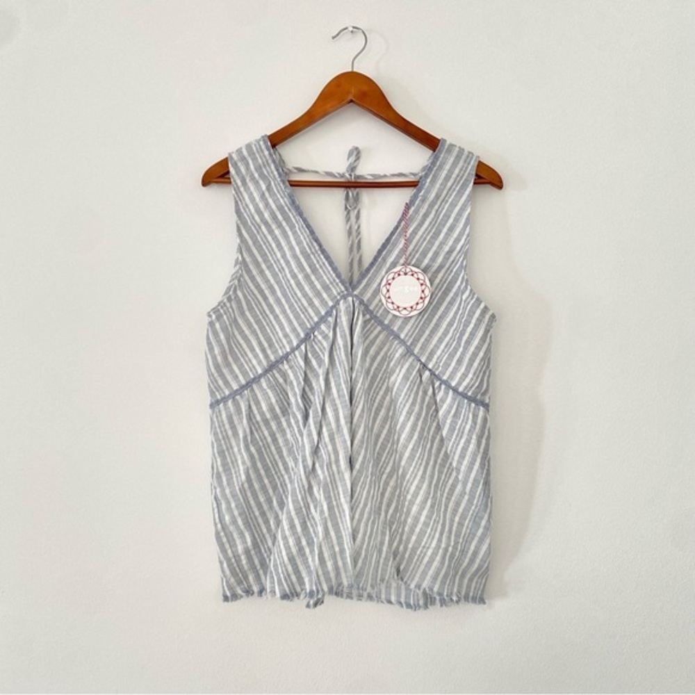 Umgee Coastal Core Cotton Linen Blend Sleeveless White and Blue Tie Back Top S